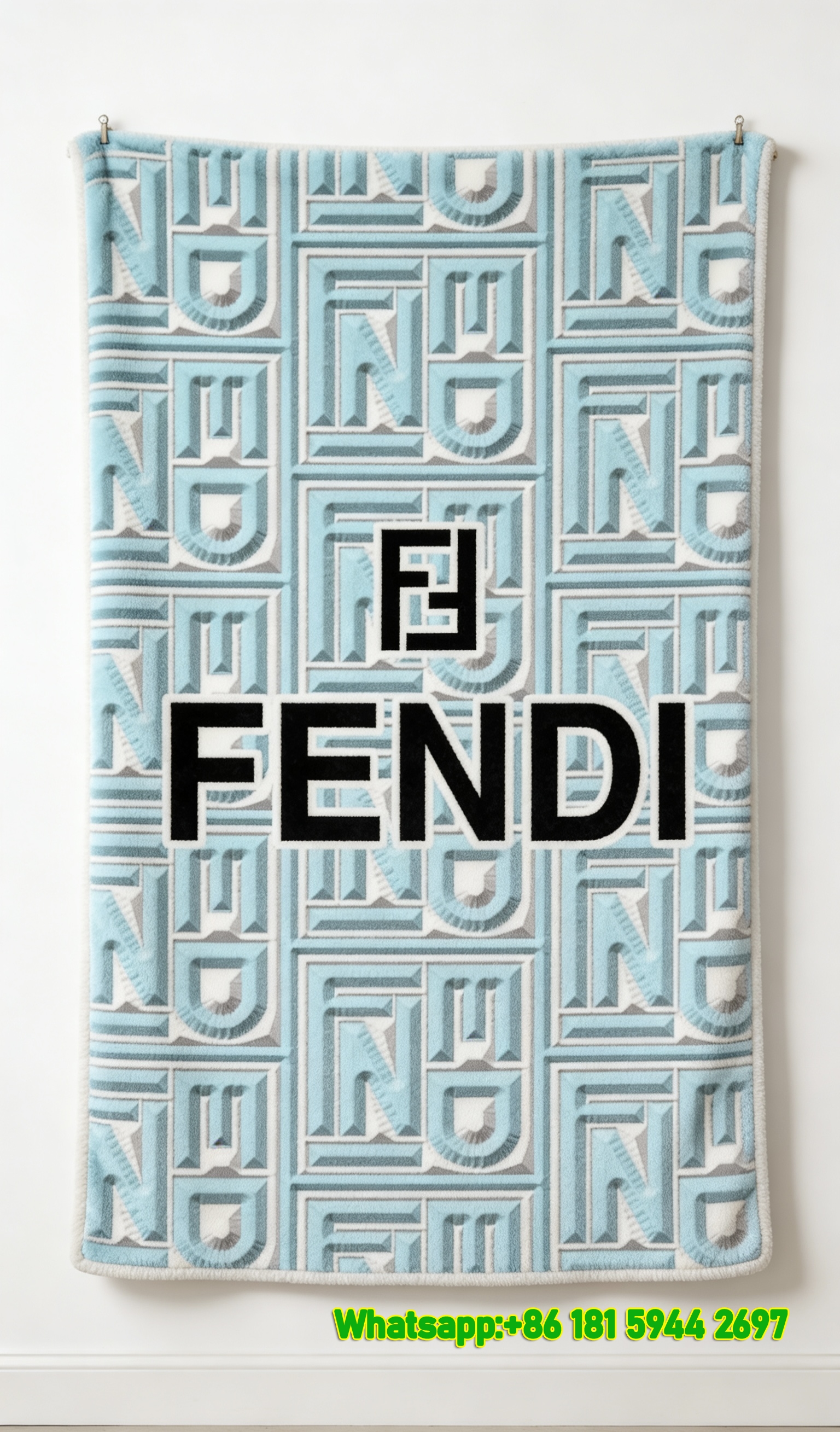Fendi Turquoise 3D FF Monogram Flannel Sofa Throw Blanket IMG_9426